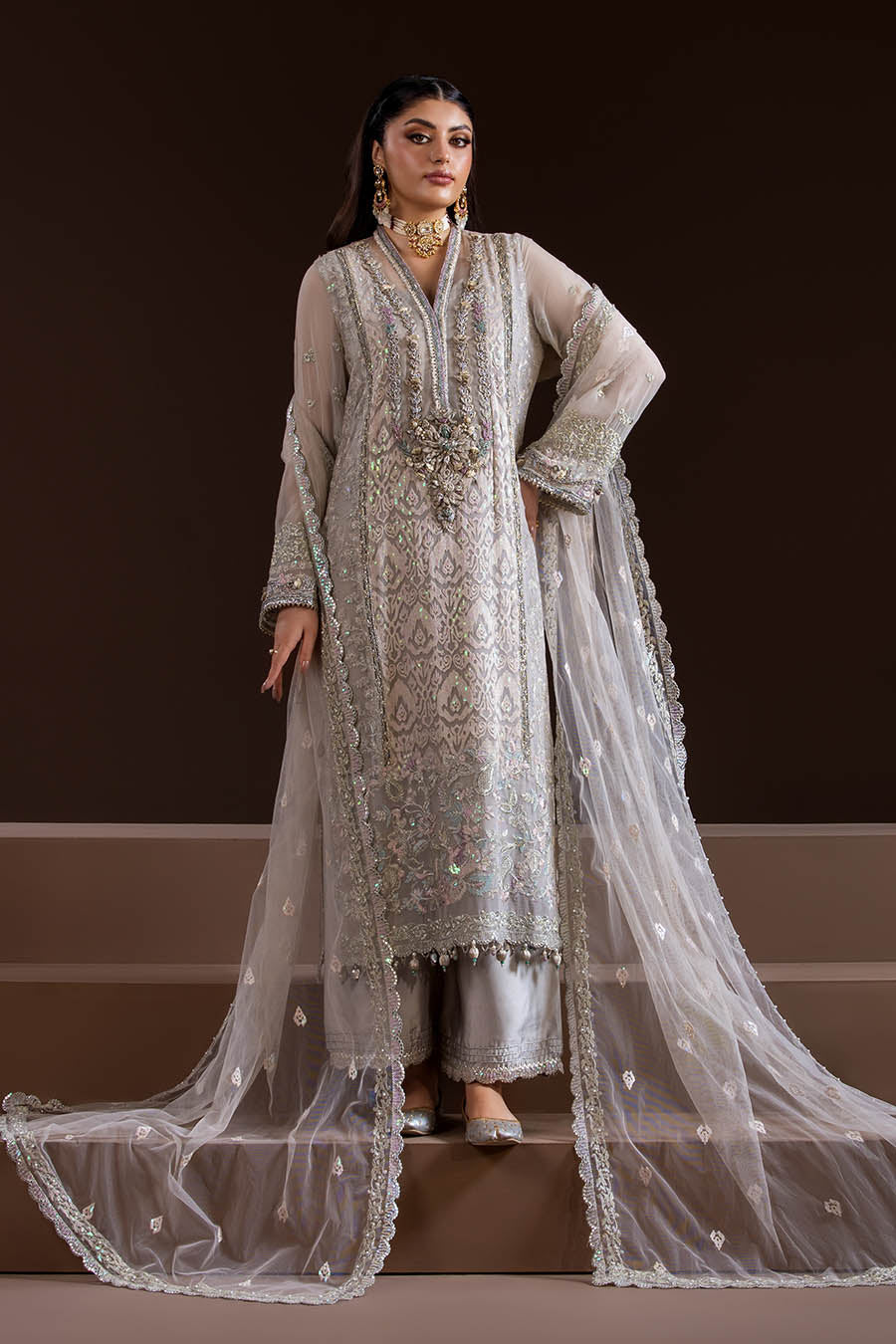 Elegant Crinkle Chiffon Outfit with 3D Embroidery & Charmeuse Silk Trousers 
